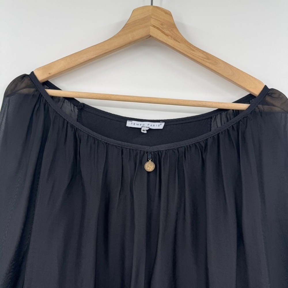 Tempo Paris Black Silk Sheer Ruffle Blouse Top Medium Made in Italy - Picture 3 of 10